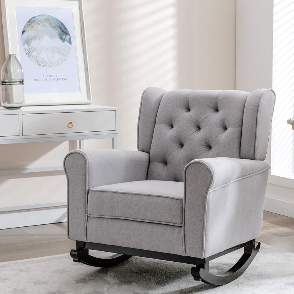 Homrest Mid Century Modern Rocking Chair, Tufted Upholstered Glider with High Back for Living Room, Gray