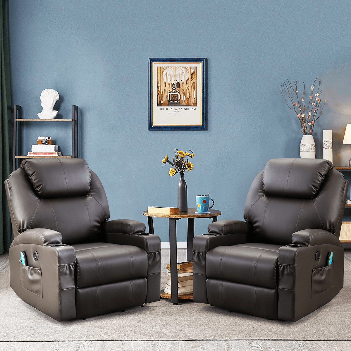 Homrest set of 2 power lift faux leather recliner chair with massage and heat for elderly, brown