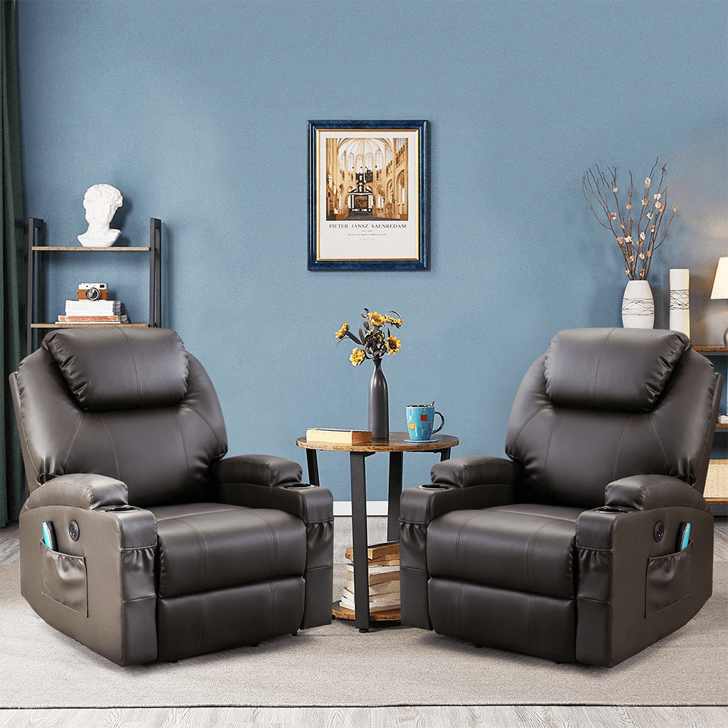 Set of 2 Power Lift Faux Leather Recliner Chair with Massage & Heat for Elderly, 4 Side Pockets, Cup Holders & USB Port (Brown)