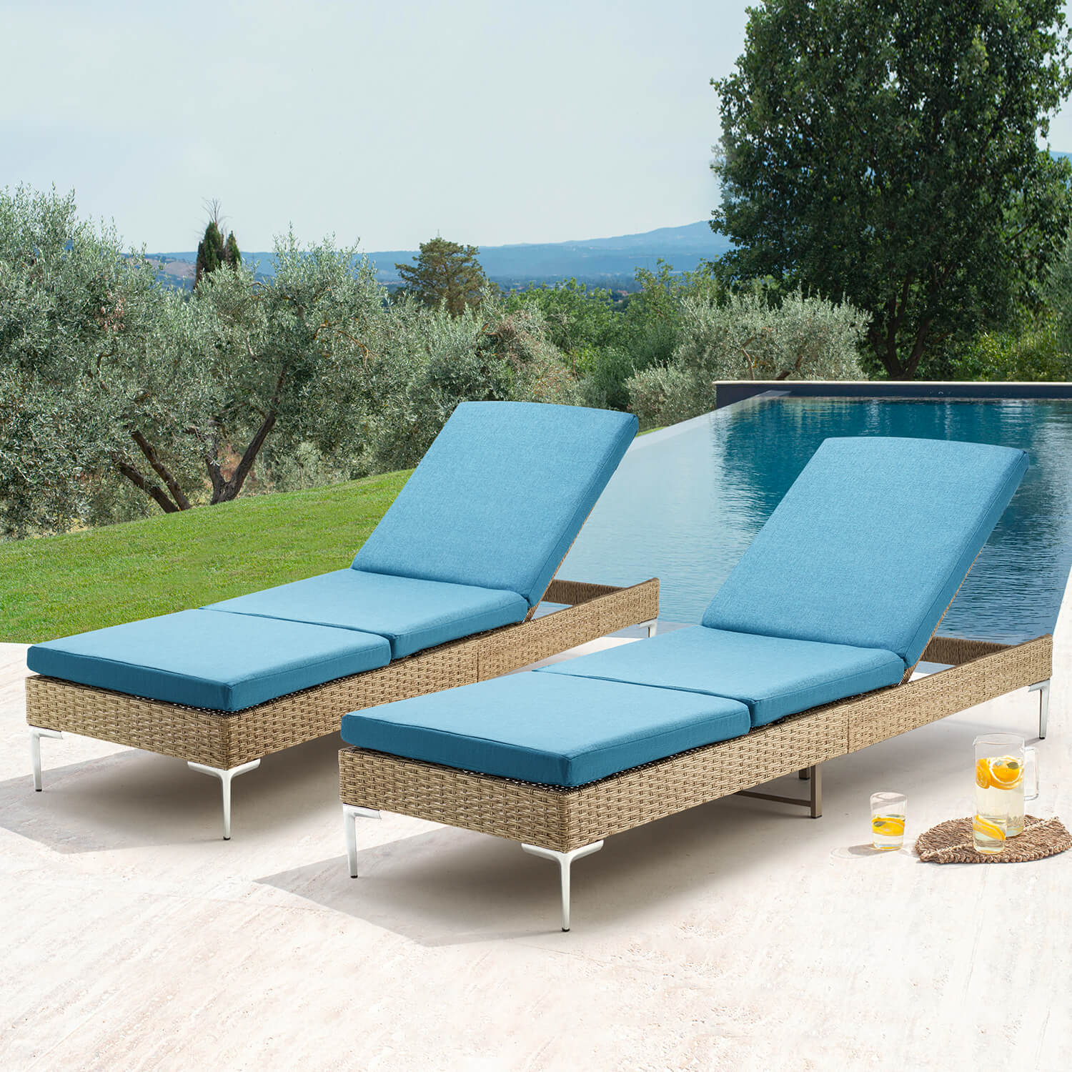 Homrest Patio Rattan Chaise Lounge Chair Outdoor Wicker Recliner Thickened Cushion Stepless Adjustable with Gas Cylinder (Blue)