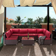 Homrest 7 pcs patio furniture set with cushions and coffee table for porch, garden and poolside, wine red
