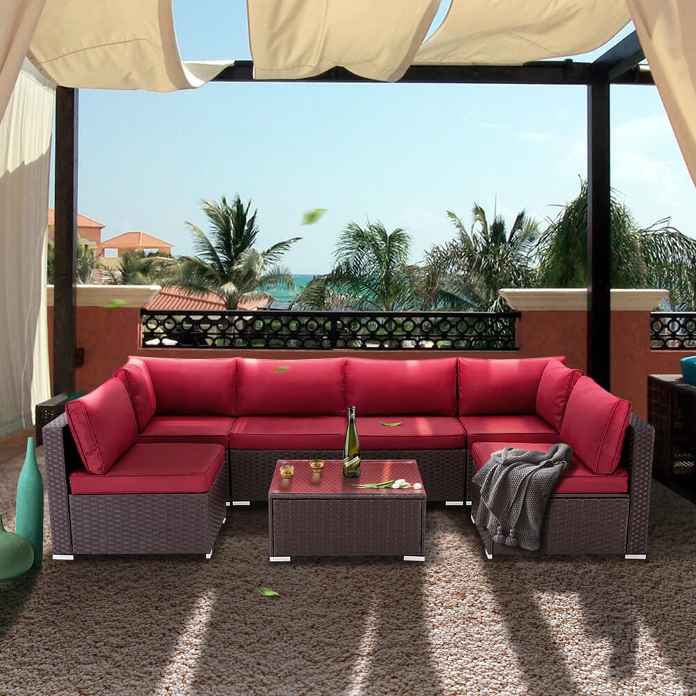 Homrest 7 pcs patio furniture set with cushions and coffee table for porch, garden and poolside, wine red