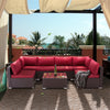 7 Pcs Patio Furniture Set All Weather Sectional Sofa w/ Red Cushion & Coffee Table