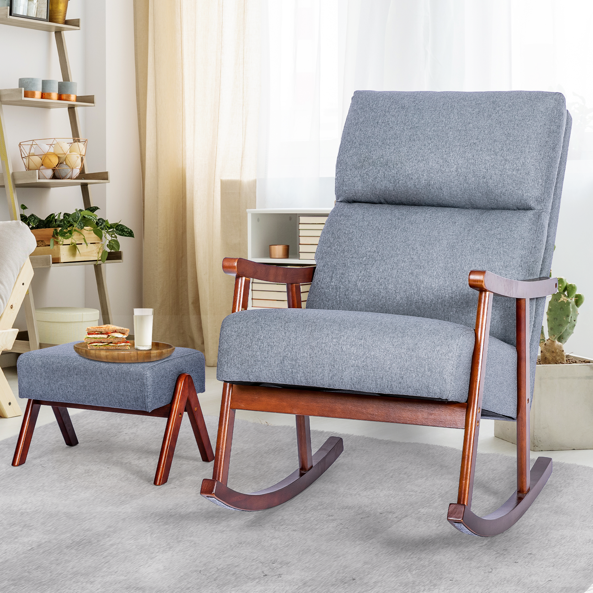 Rocking Chair with Ottoman, Mid-Century Nursery Rocking Armchair with Footrest & Thick Padded Cushion for Living Baby Room, Bedroom, Gray