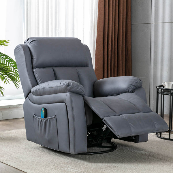 Swivel Rocker Recliner Chair with Heat and Massage, USB Port and Side Pockets, Blue