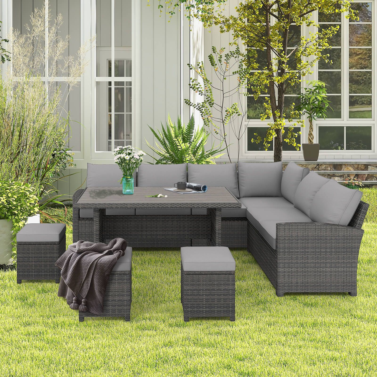 7 Pieces Patio Furniture Set, Outdoor Sectional Dining Set with Table & 3 Ottomans(Grey) | Homrest