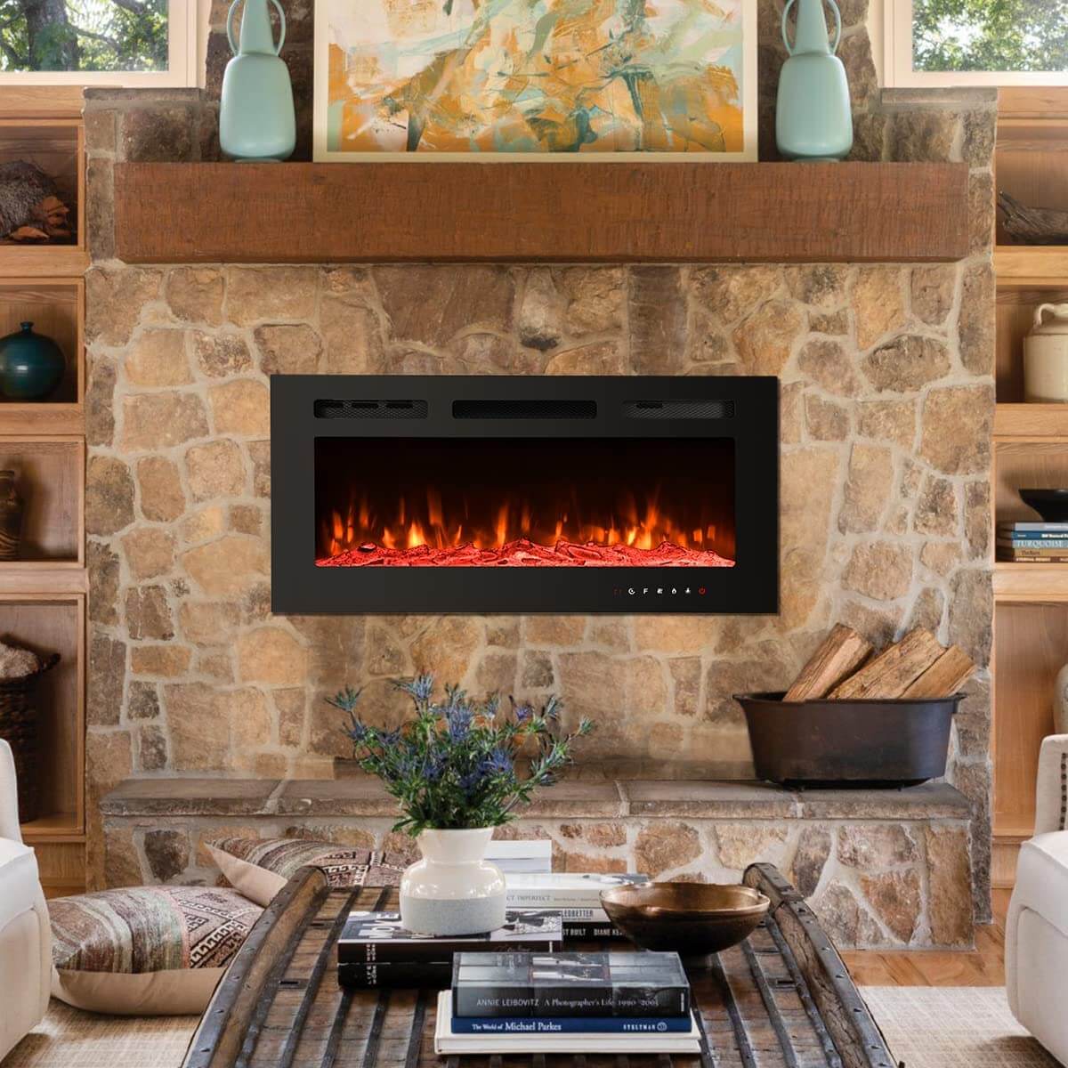 Homrest 36 inch Electric Fireplace with Free Standing, Wall Mounted Fireplace Insert Heater with Remote Control&Touch Screen