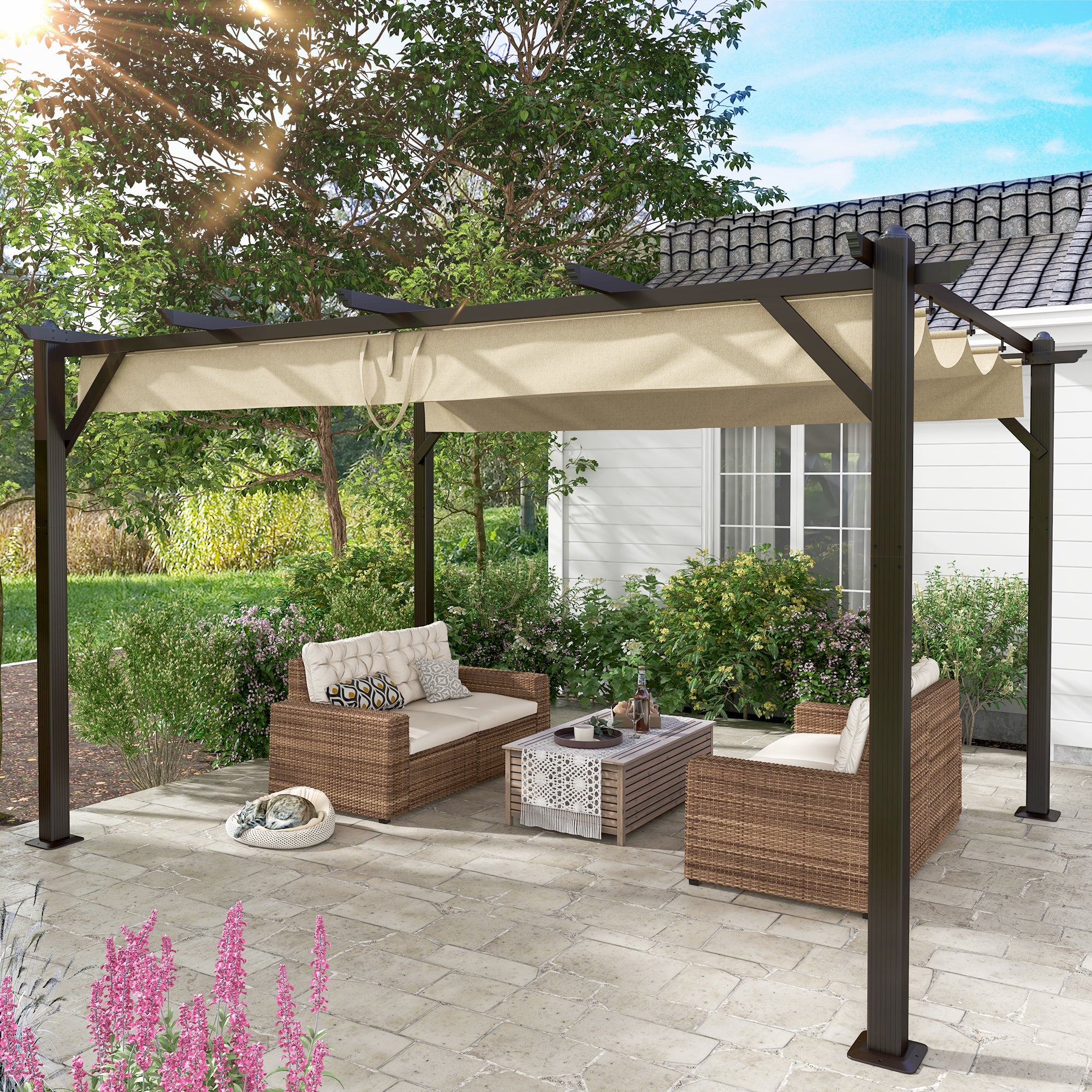 Homrest 13' X 10' Retractable Pergola, Patio Gazebo Grape Trellis with Removable Sun Shade Canopy（Khaki）