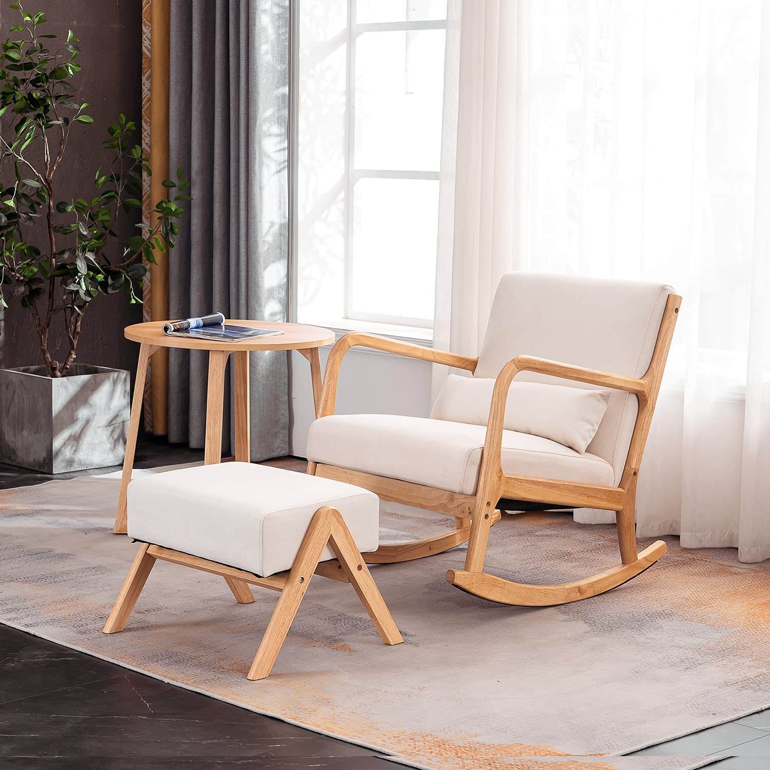 Fabric Rocking Chair with Ottoman Linen Accent Chair Beige