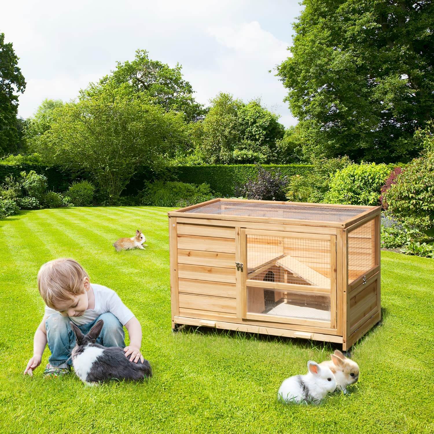 Homrest 36" Indoor and Outdoor Wooden Rabbit Hutch, Cage, w/Removable Tray, Safety Lock, Galvanized Mesh Wires, Access Ramps