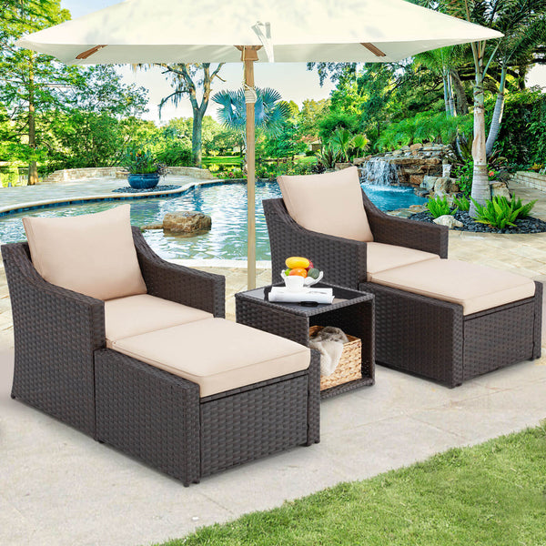 Homrest 5 pcs patio wicker recliner chair set with ottoman and table, brown