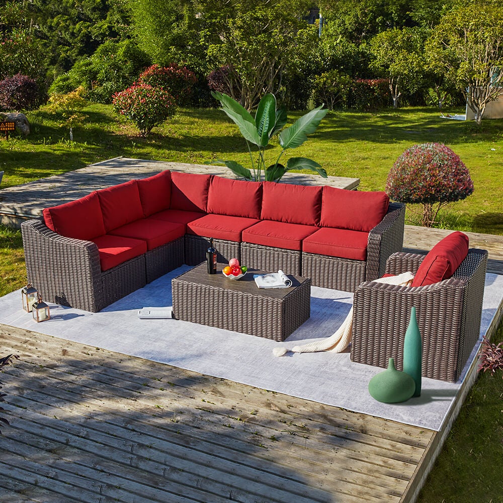 8 Pcs Outdoor Sectional Sofa All-Weather Conversation Set w/ Red Cushion, Coffee Table