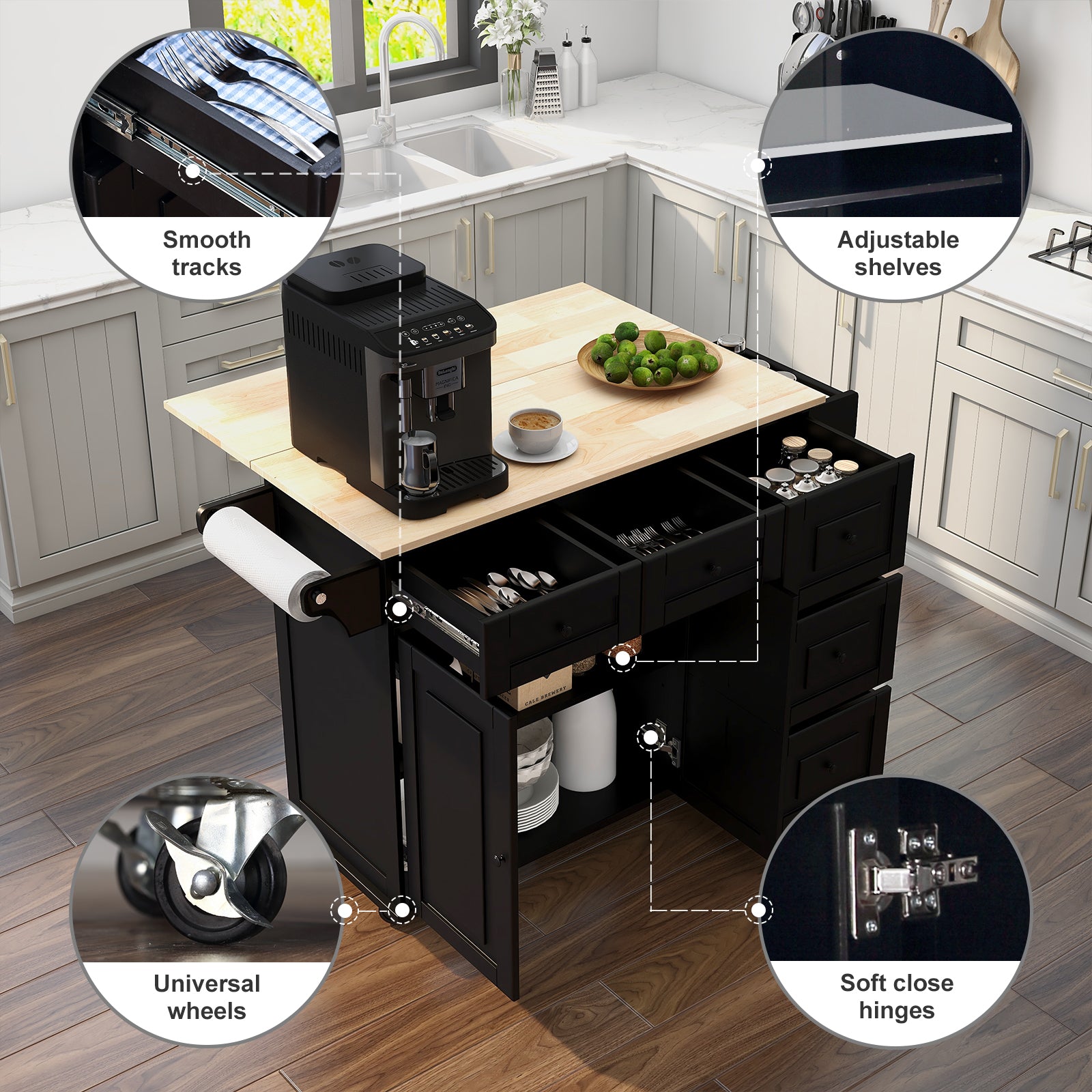 Homrest kitchen island rolling mobile island with smooth tracks, adjustable shelves, universal wheels and soft close hinges.