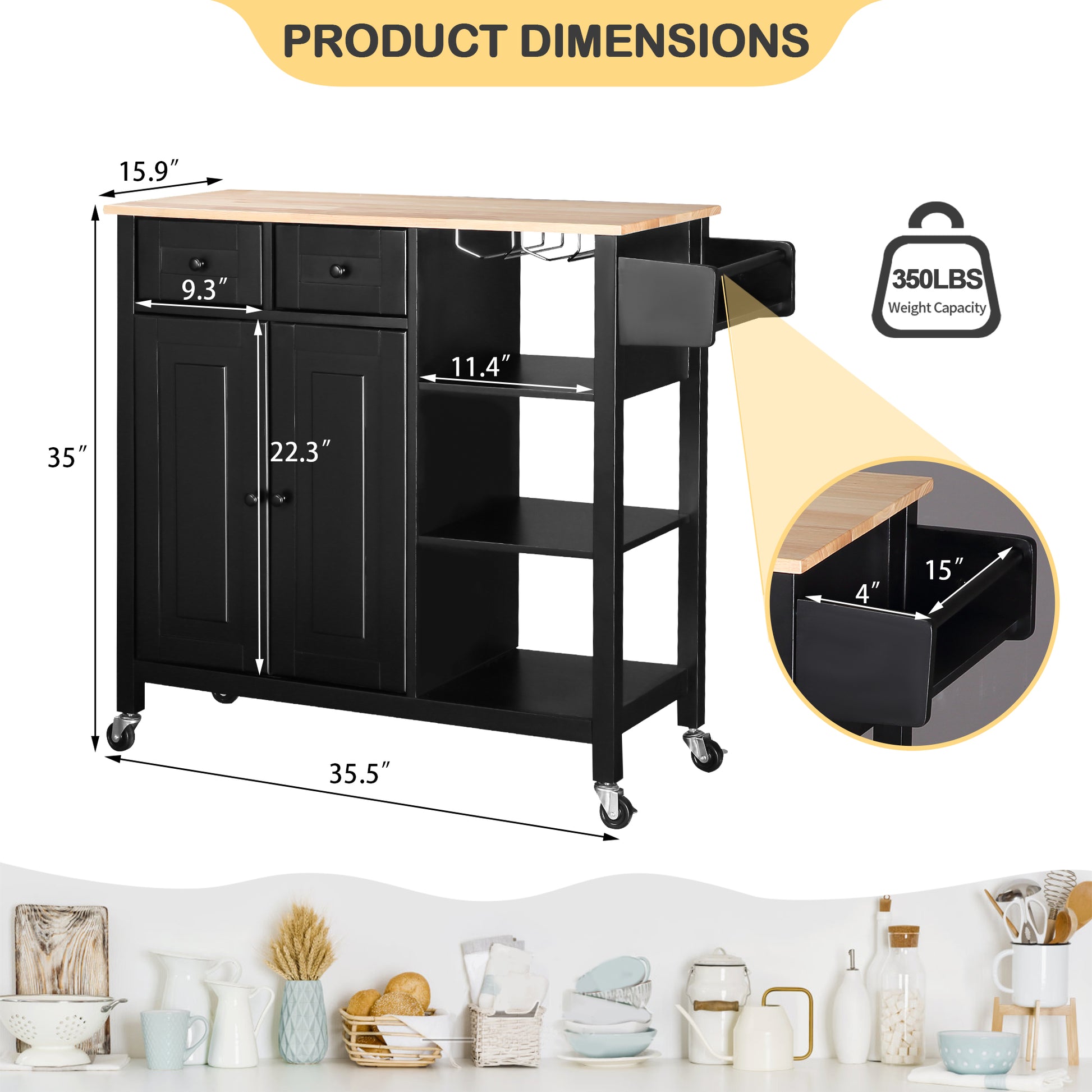 Dimensions of Homrest kitchen island on wheels, black