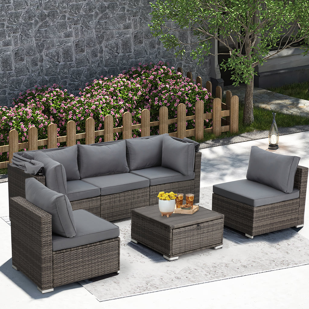 HOMREST 6 Pcs Outdoor Sectional Sofa Daybed w/ Retractable Canopy & Adjustable Backrest & Cushion & Coffee Table Grey