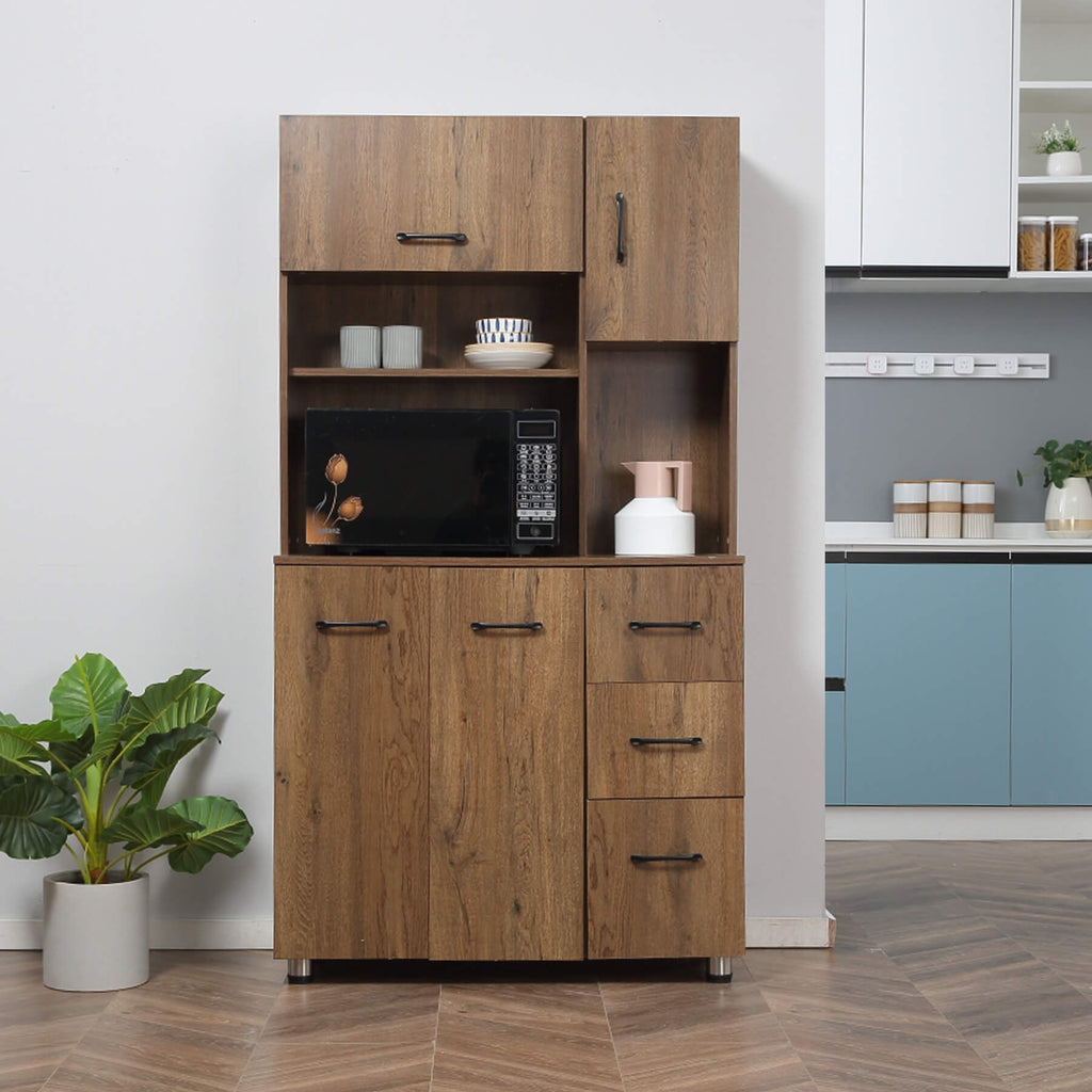 Homrest Kitchen Pantry Storage Cabinet Open Countertop and Microwave Space Brown