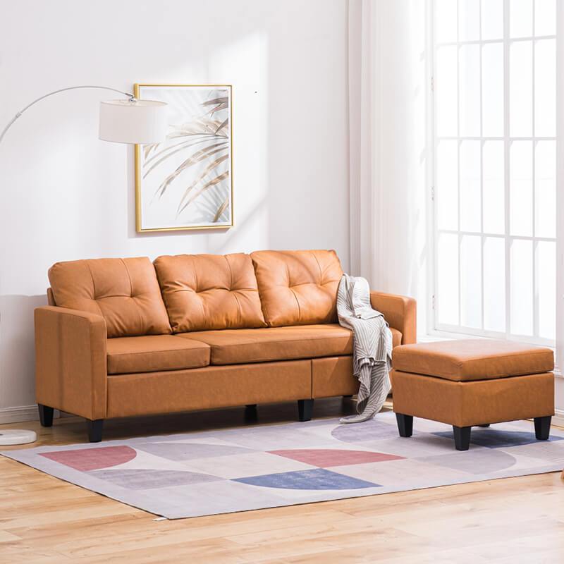 Homrest Convertible Sectional Sofa Couch, L-Shaped Couch with Modern PU Leather for Small Space, Light Brown