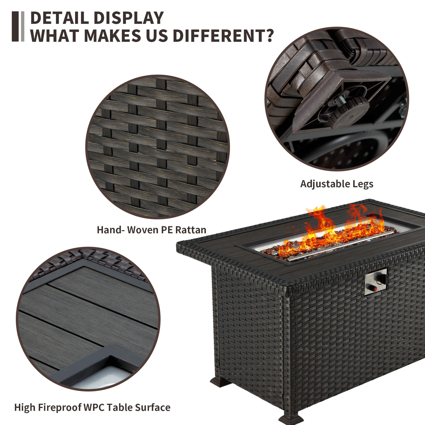 Homrest fire pit table for porch, backyard and poolside, black