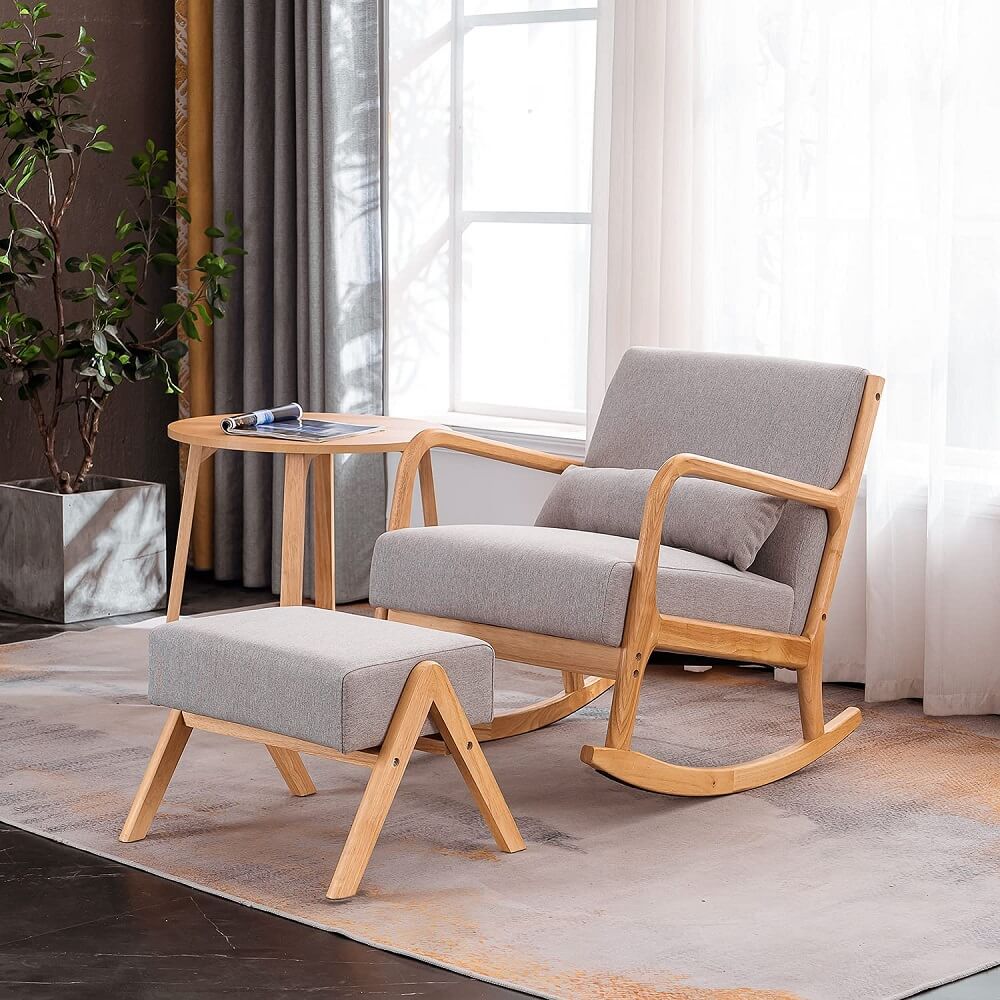 Homrest Fabric Rocking Chair Mid-Century Glider Rocker with Padded Seat, with Ottoman Linen Accent Chair Gray