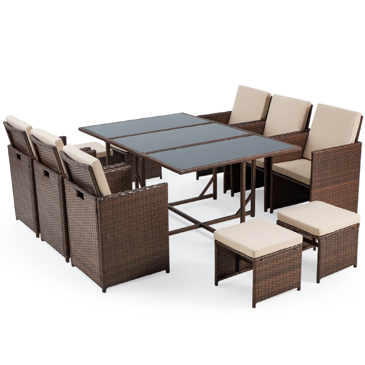  Homrest 11 Pcs Patio Dining Set Rattan w/ Ottoman, Cushion & Dust Cover for Porch, Garden and Poolside