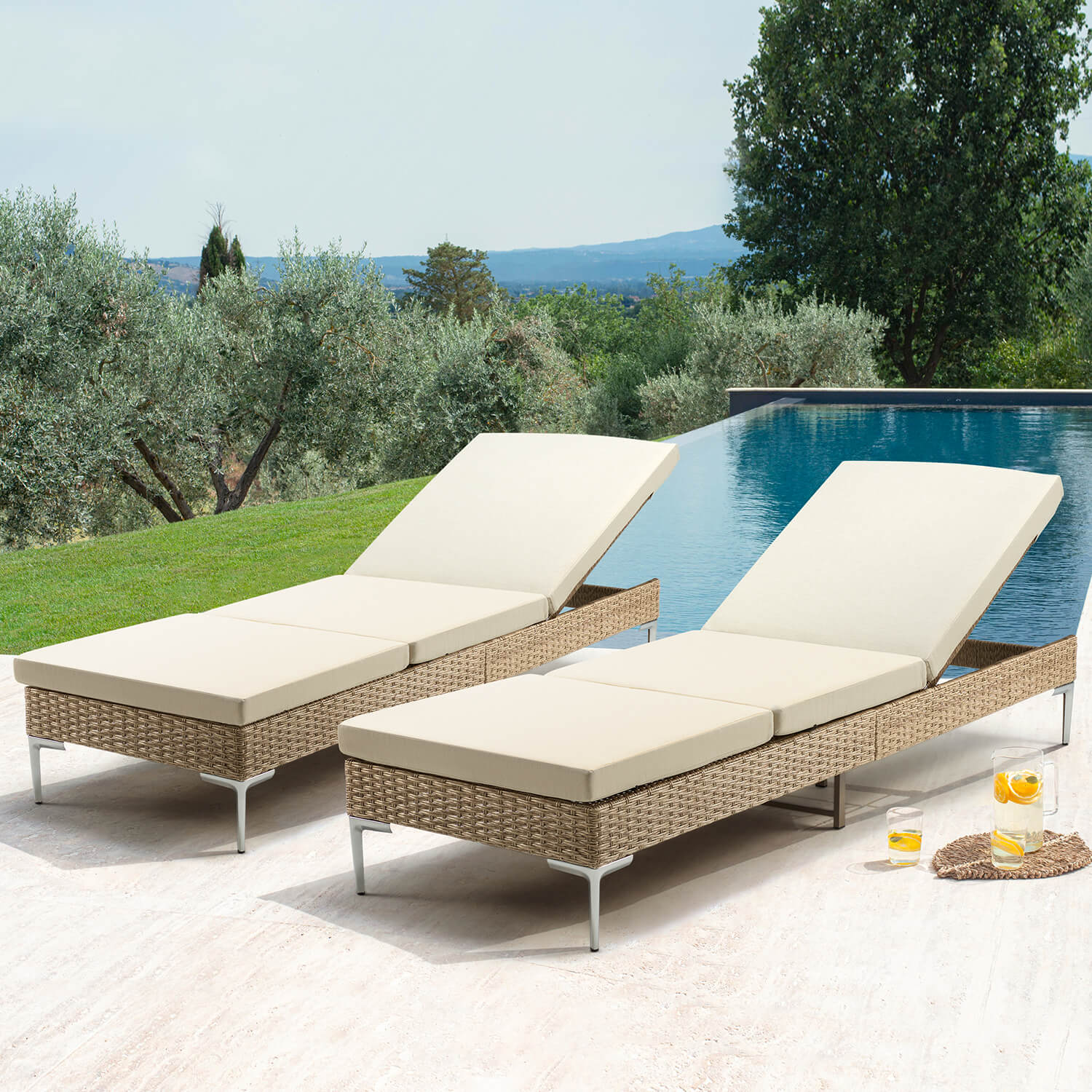 Homrest 2PCs Patio Chaise Lounge Chair with Thickened Cushion, Beige