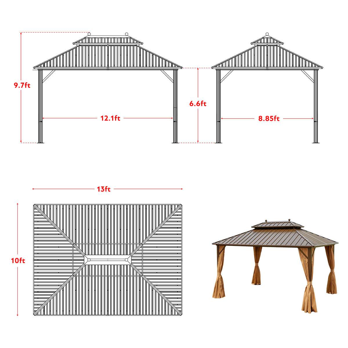  Homrest 0'x13' Hardtop Gazebo Galvanized Steel Gazebos with Netting & Curtain