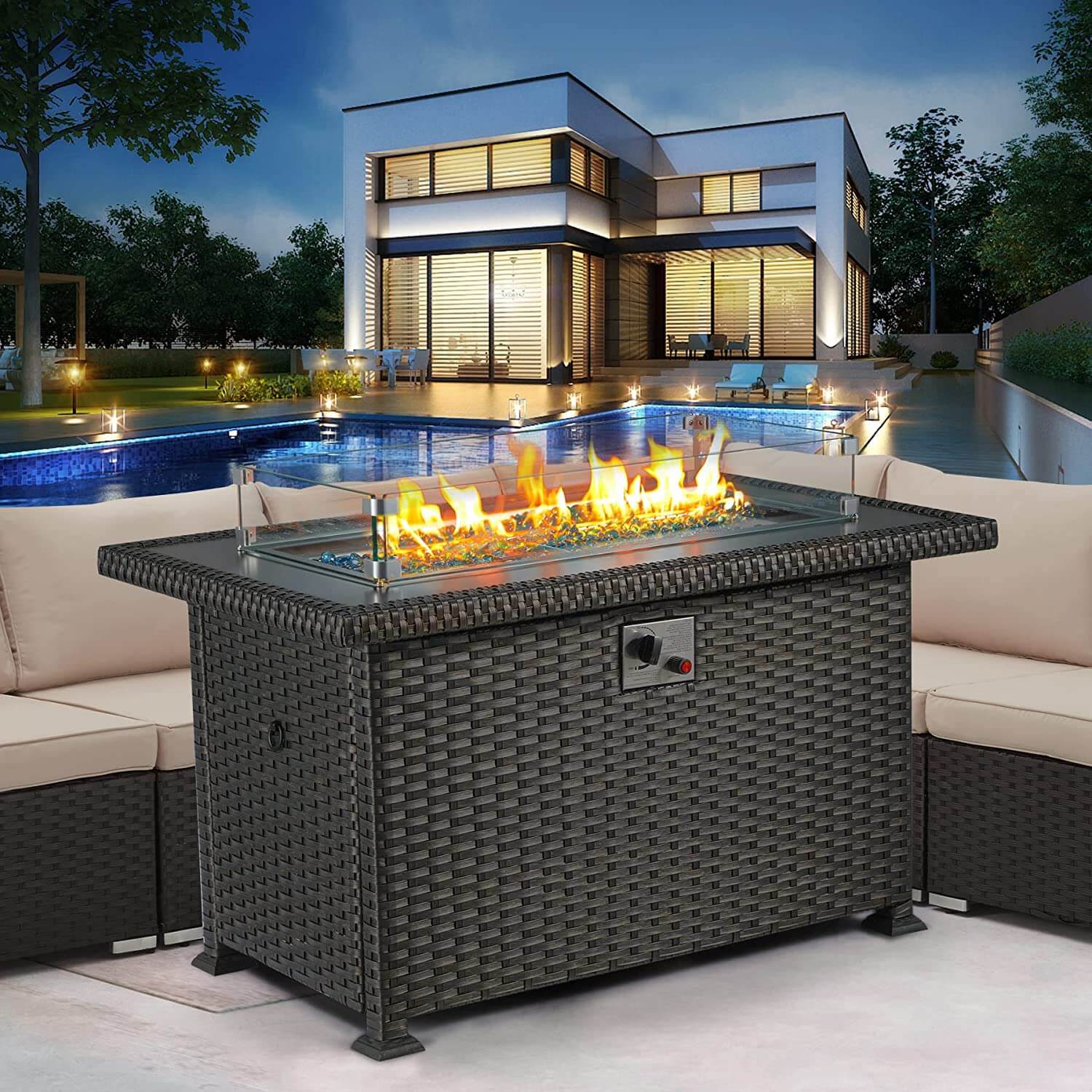  44" Propane Gas Fire Pit Table 50000 BTU Auto-Ignition with Windguard, Aluminium Tabletop, Black