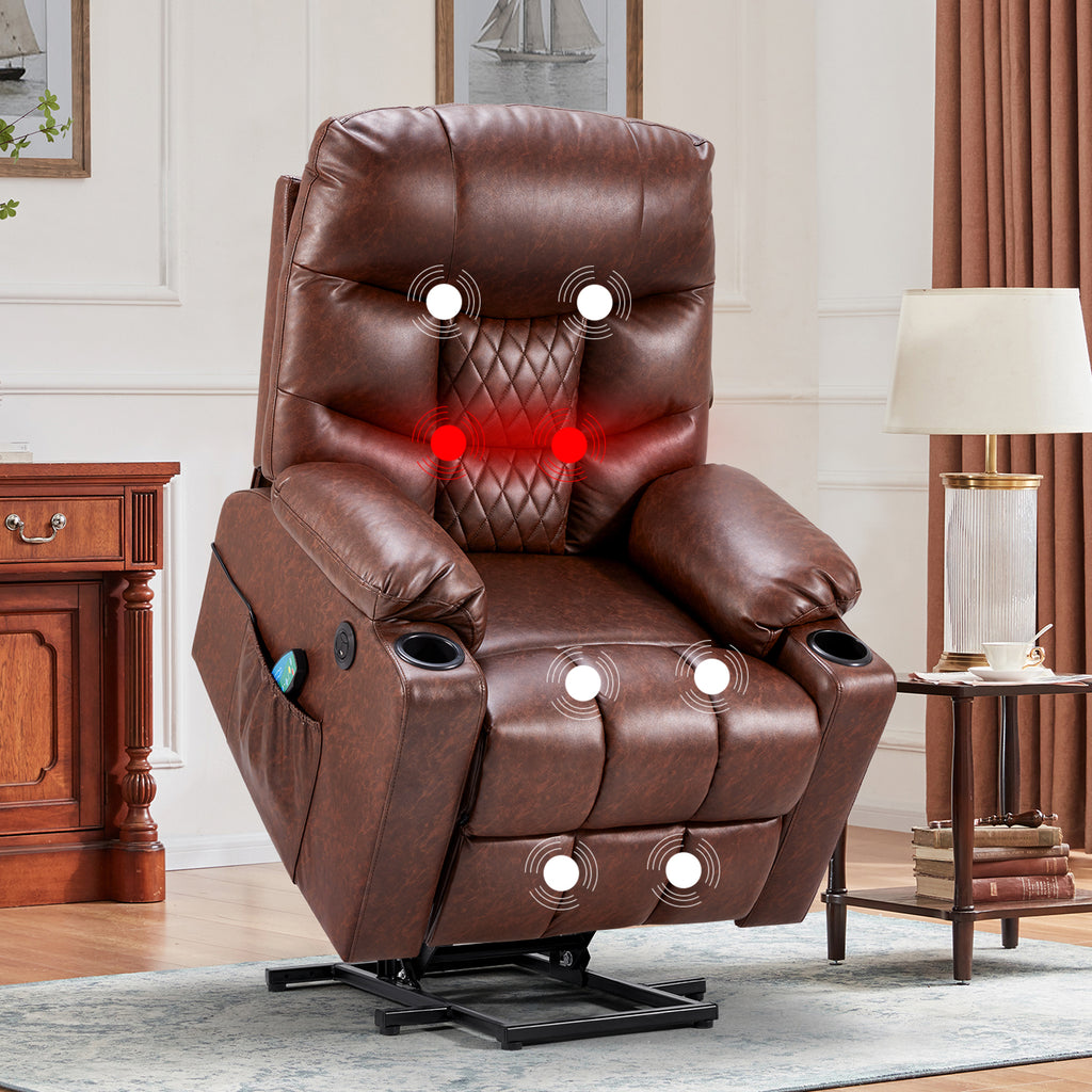 Homrest Electric Power Lift Recliner Chair Sofa with Massage and Heat, Leather Recliner Sofa with 3 Positions, Side Pockets, Cup Holders, USB Ports(Brown)