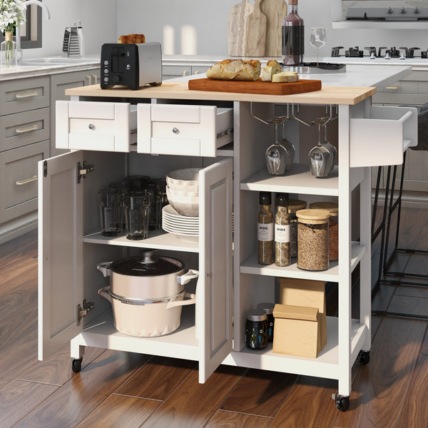 Homrest kitchen island on wheels, kitchen cart with cabinet & 3 layer shelves, white