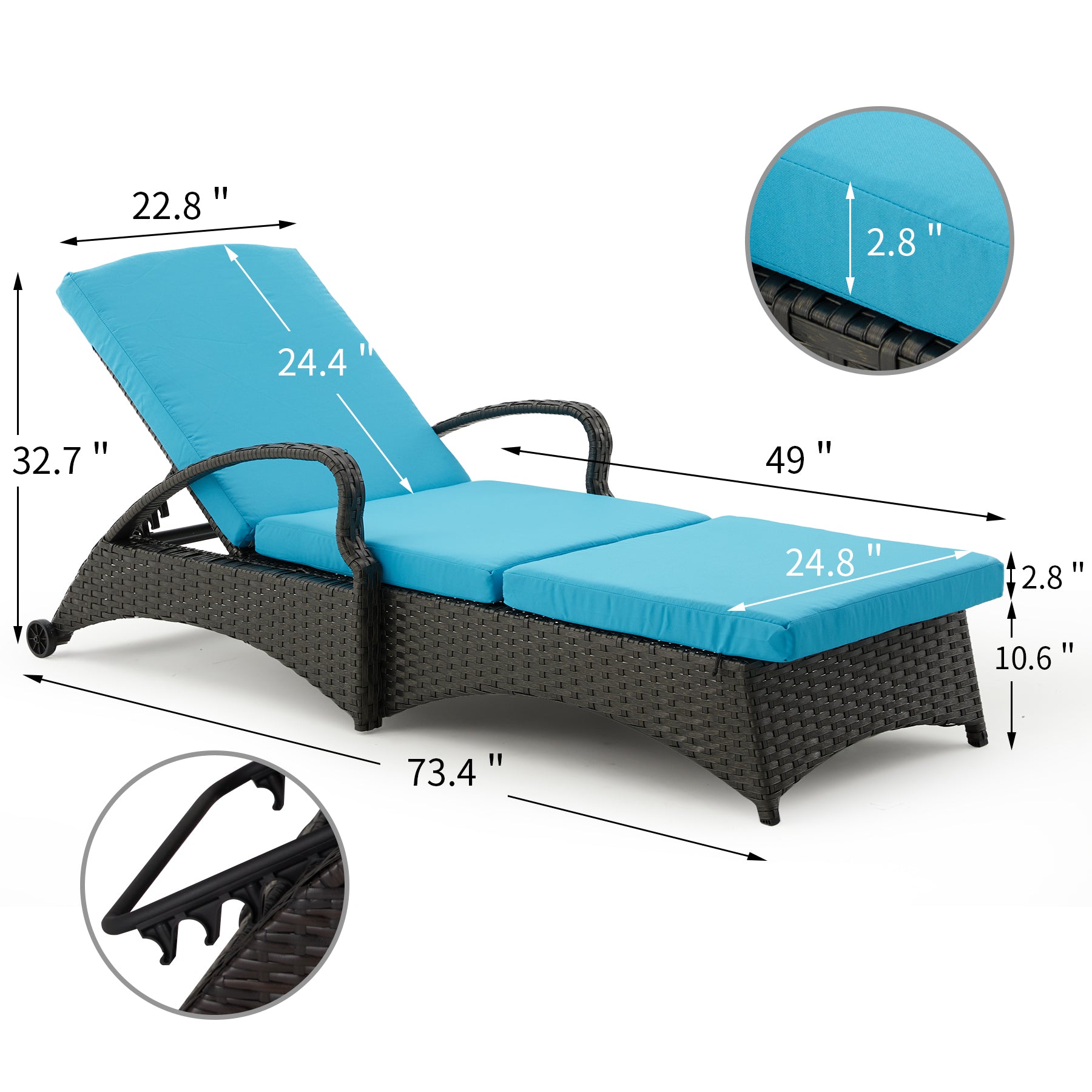 Outdoor Lounge Chaise Chairs Black Rattan Lounger with Blue Cushion & Armchairs