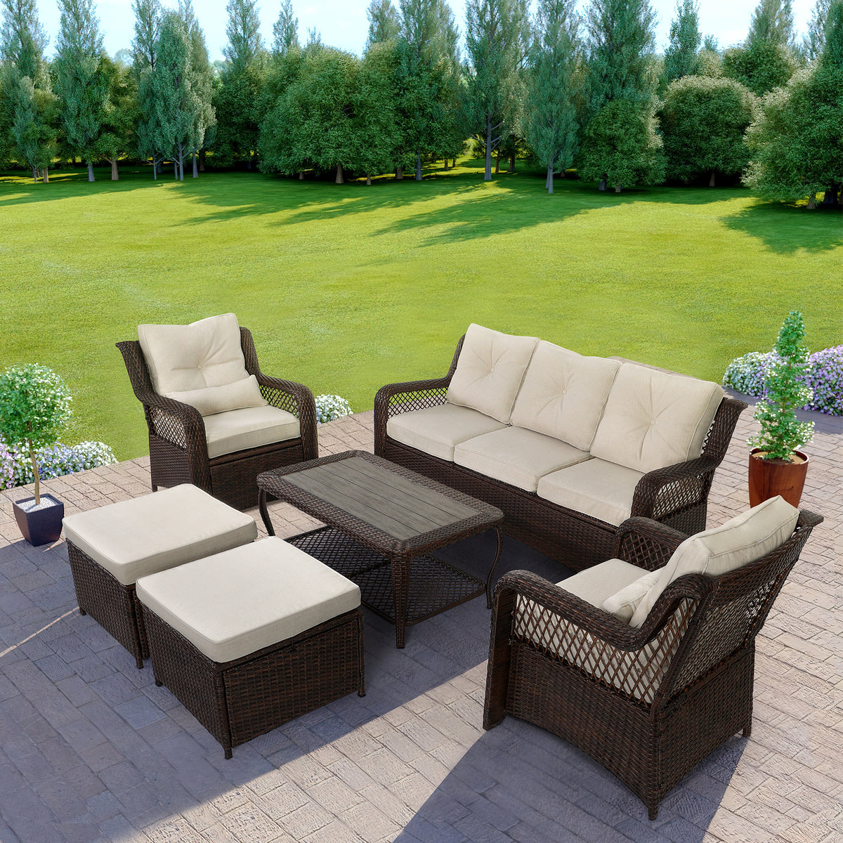 Homrest 6 Pieces Rattan Patio Conversation Sets with Ottoman
