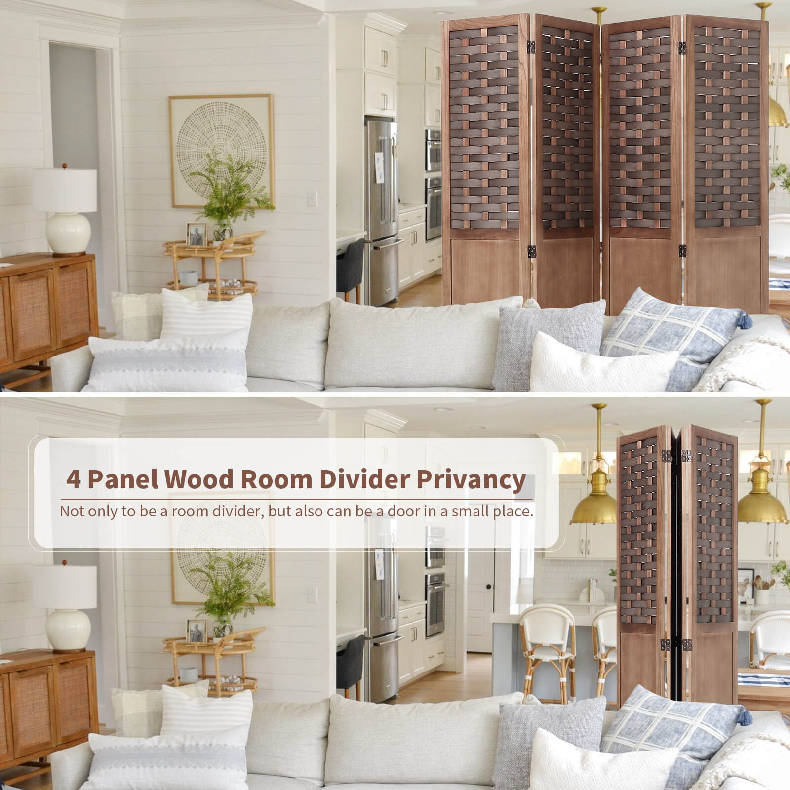 Homrest 4 Panels Wood Room Divider 5.6ft Folding Privacy Screens with Hand-Woven Wicker Rattan, Brown