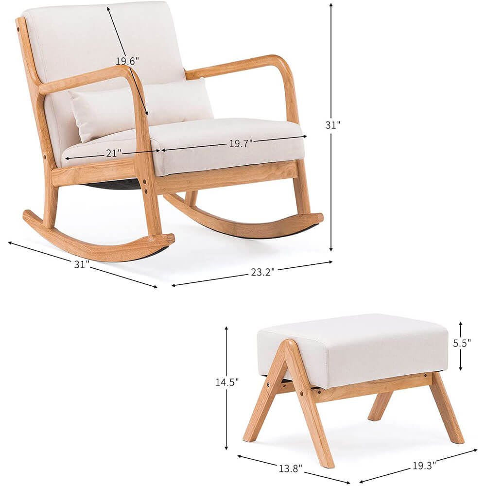 Homrest Fabric Rocking Chair, Mid-Century Glider Rocker with Padded Seat, with Ottoman, Seat Wood Base, Linen Accent Chair for Living Room