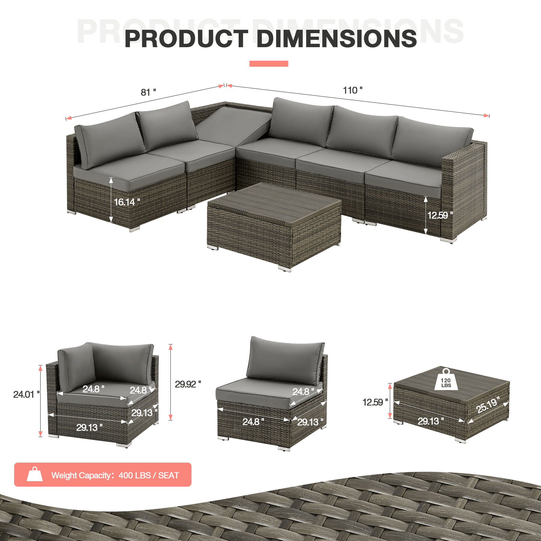 Product dimensions of Homrest patio furniture set