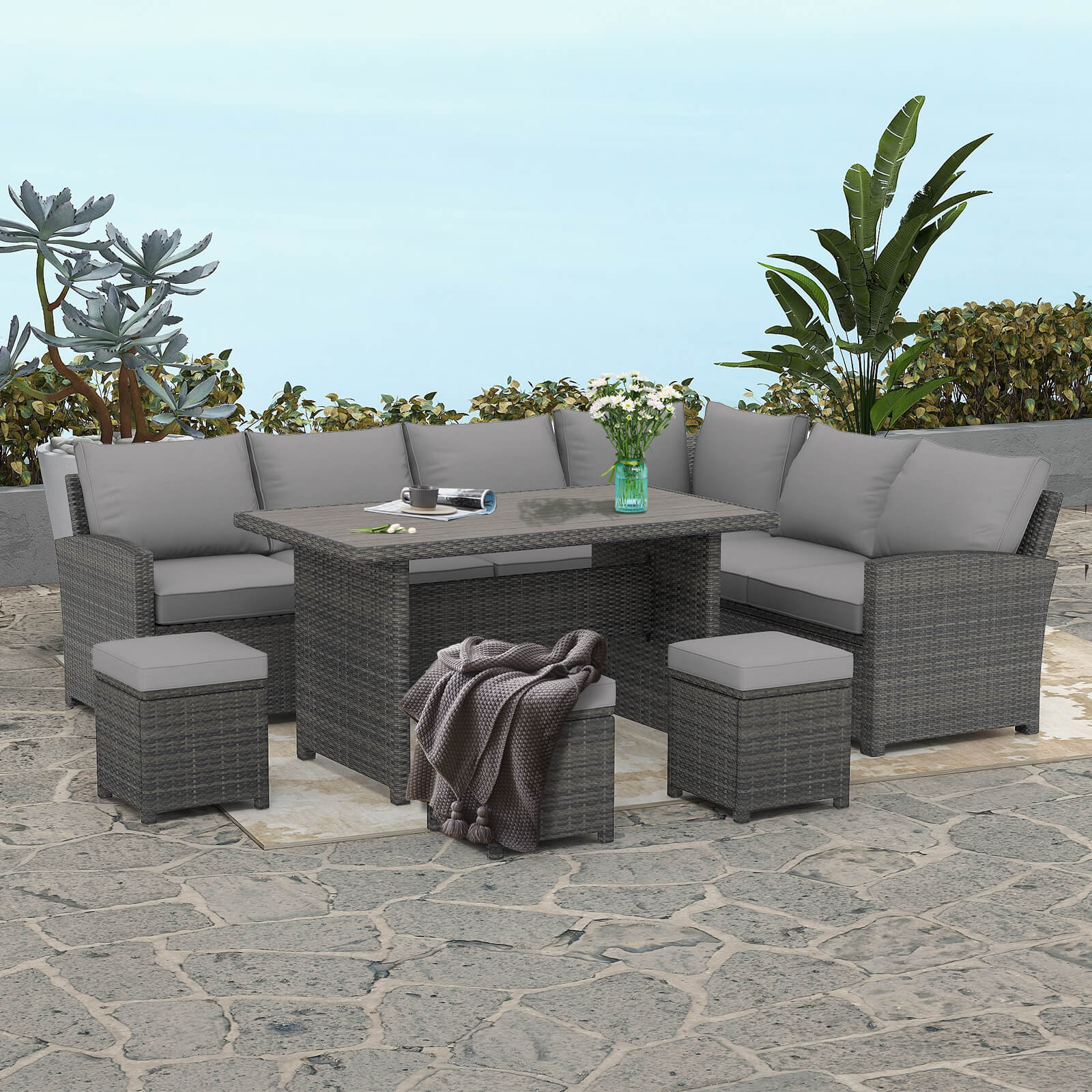 7 Pieces Patio Furniture Set, Outdoor Sectional Dining Set with Table & 3 Ottomans(Grey) | Homrest
