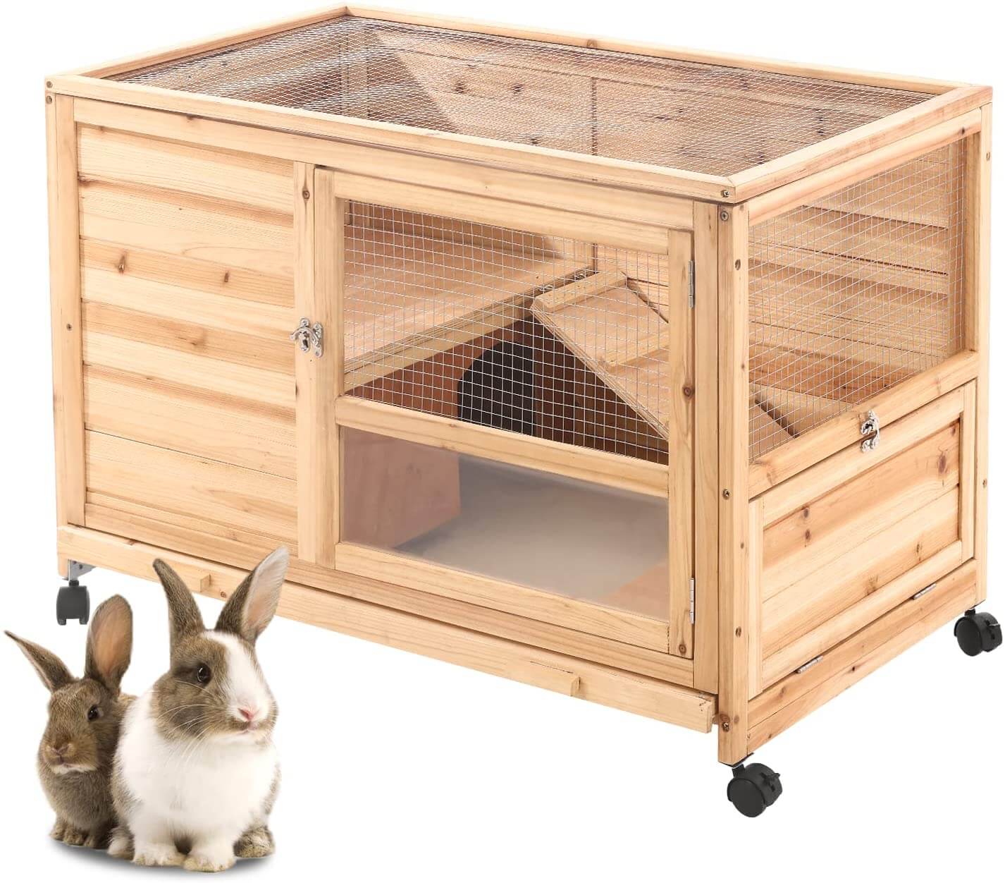 Homrest 36" Indoor and Outdoor Wooden Rabbit Hutch, Cage, w/Removable Tray, Safety Lock, Galvanized Mesh Wires, Access Ramps