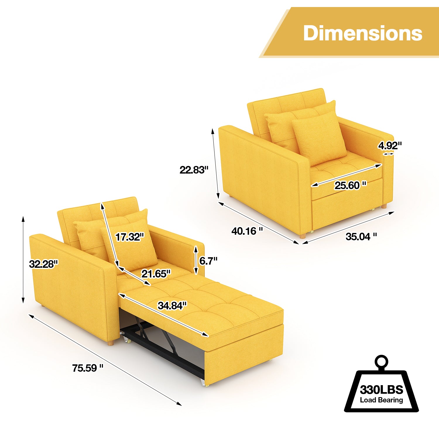 Sofa Bed 3-in-1 Convertible Chair Multi-Functional Adjustable Recliner, Sofa, Bed(Yellow)