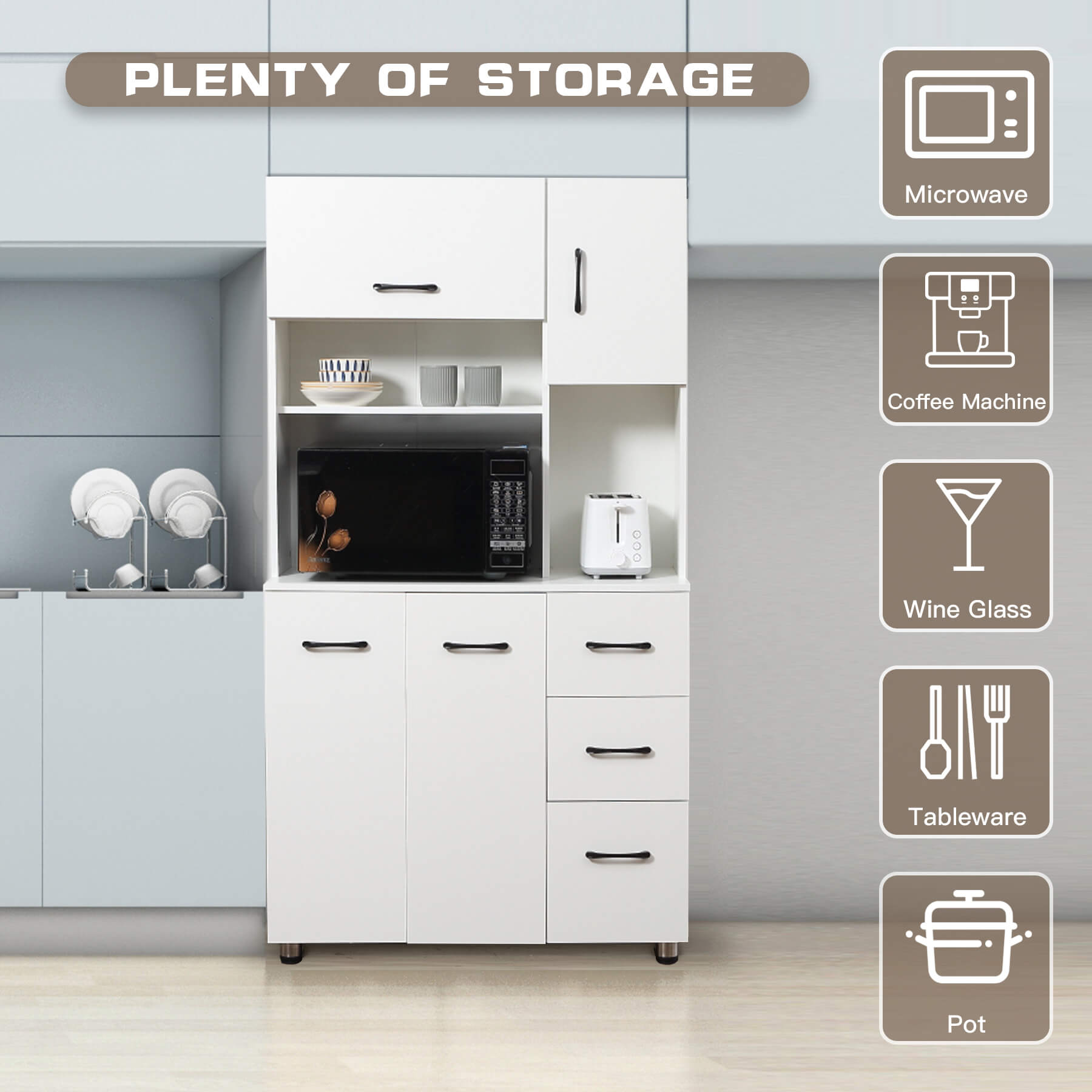 Homrest Kitchen Pantry Storage Cabinet Open Countertop and Microwave Space White