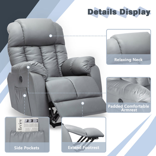 Homrest Electric Power Recliner Lift Chair Faux Leather Electric Recliner for Elderly with Side Pockets, USB Charge Port, Grey