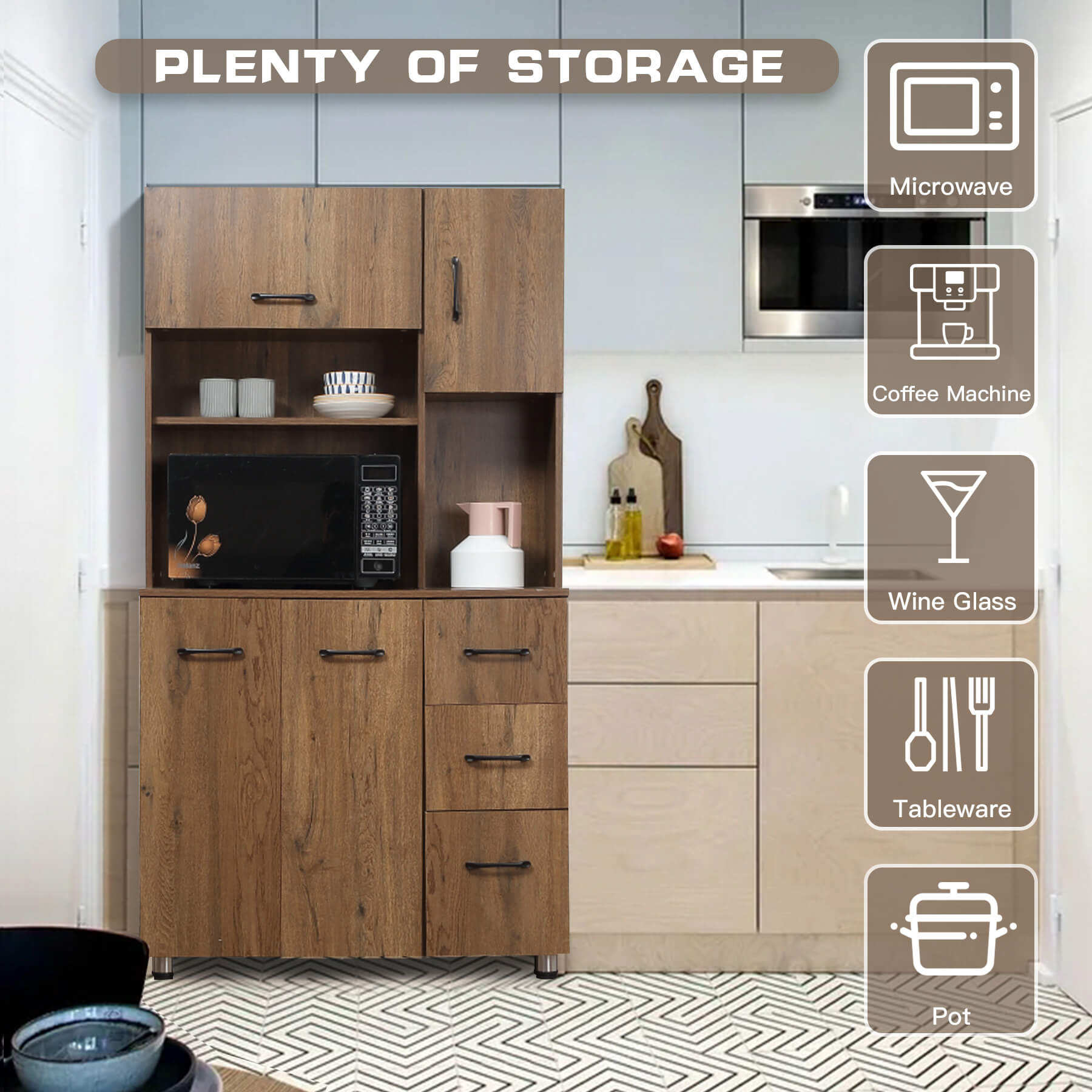 Homrest Kitchen Pantry Storage Cabinet Open Countertop and Microwave Space Brown
