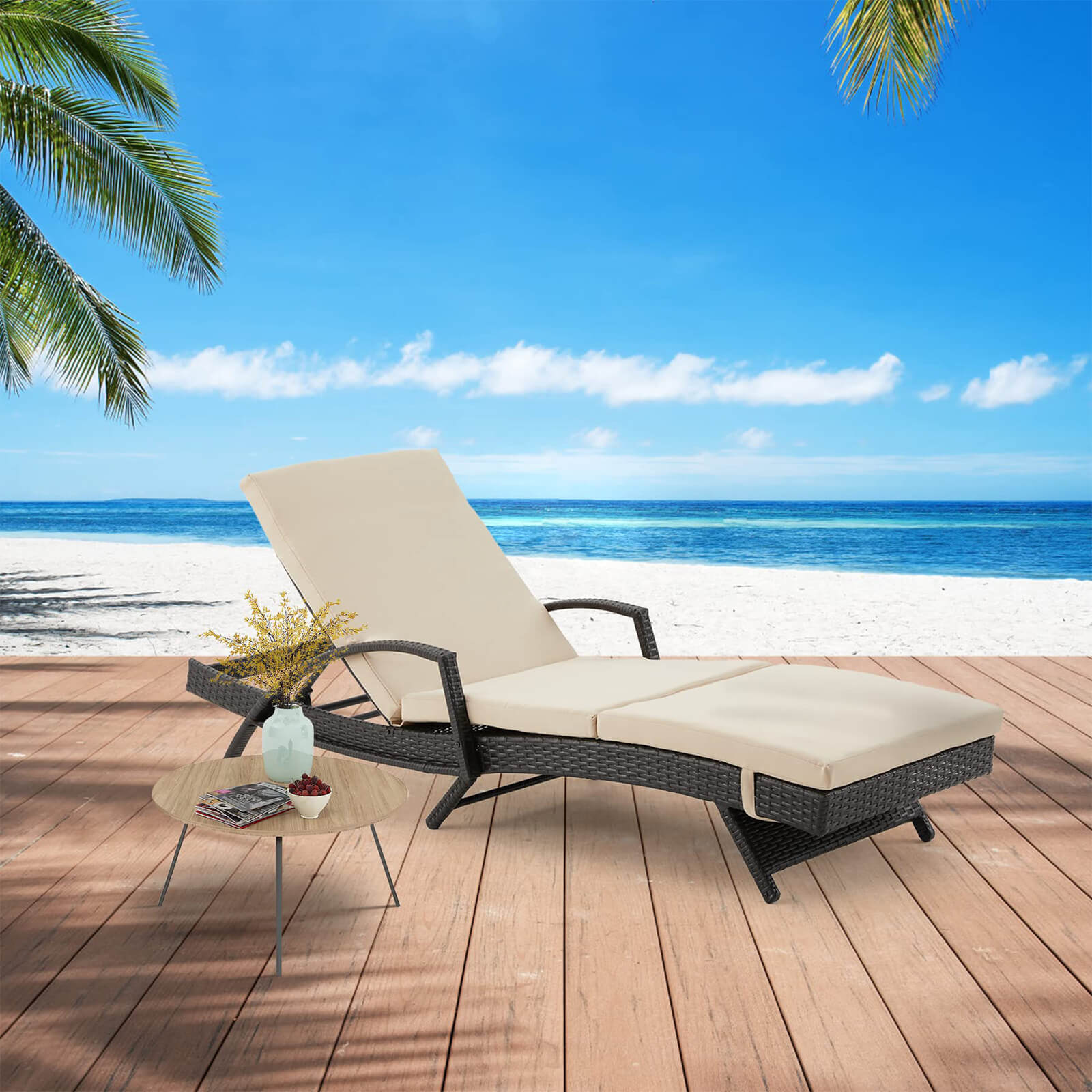 HOMREST Patio Lounge Chair for Outside, Chaise Lounge with Adjustable Backrest & Thickened Cushion, Khaki