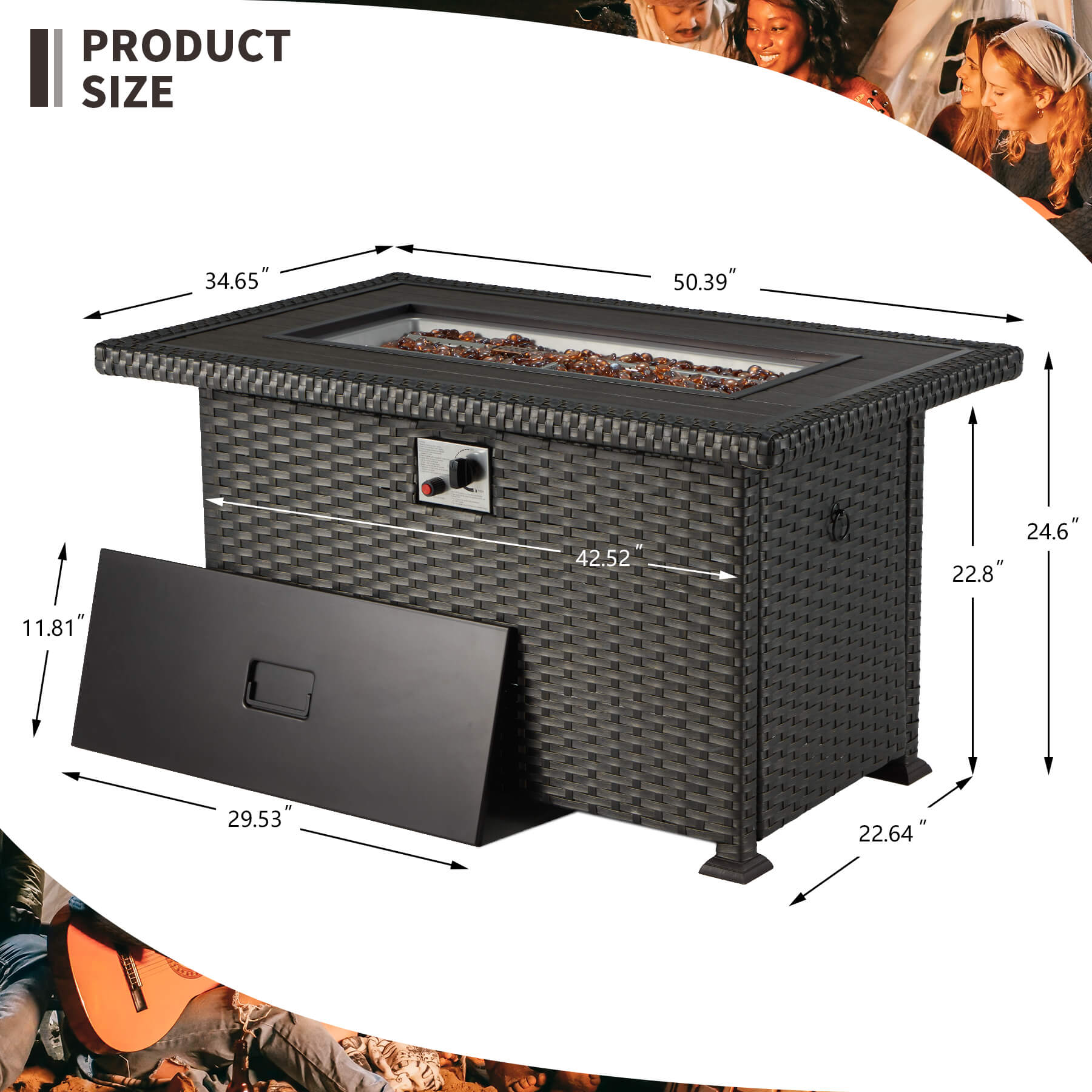 Product dimensions of Homrest patio fire pit table