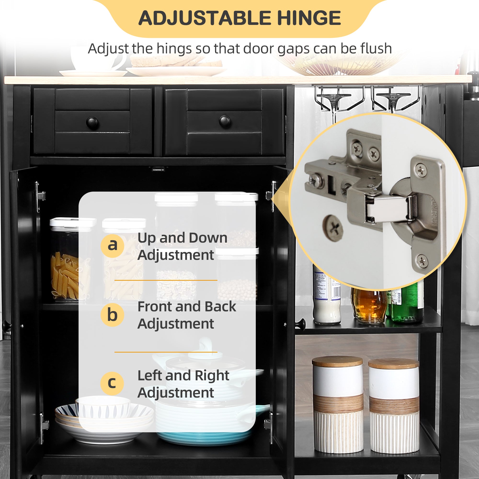 Homrest kitchen island on wheels with adjustable hinge, Black