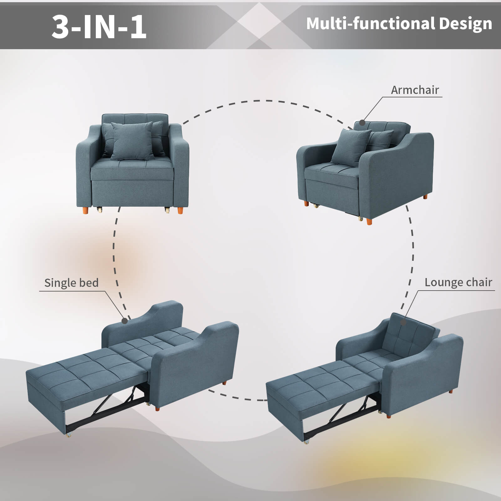 Adjustable sofa bed for living room, blue gray | Homrest furniture