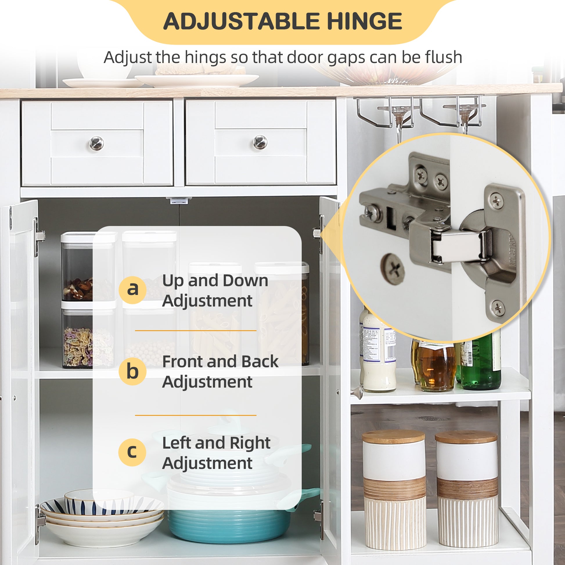 Homrest kitchen island on wheels, kitchen cart with adjustable hinge.