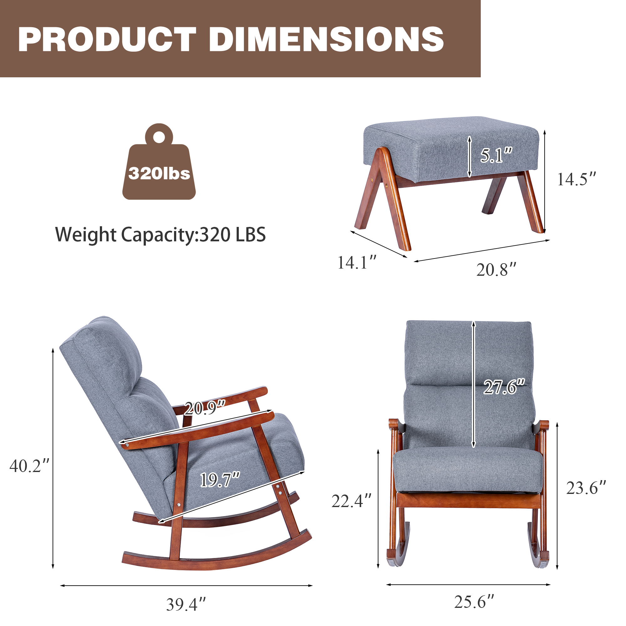 Rocking Chair with Ottoman, Mid-Century Nursery Rocking Armchair with Footrest & Thick Padded Cushion for Living Baby Room, Bedroom, Gray