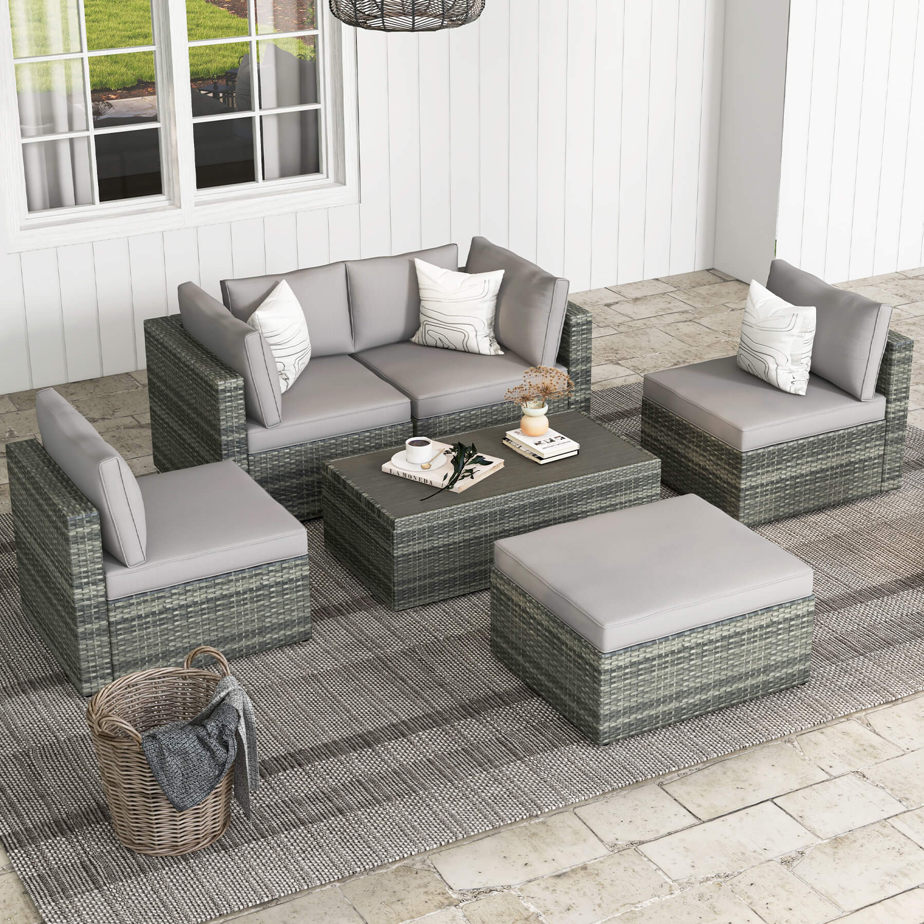 Homrest 6 pcs outdoor sectional sofa set with coffee table for porch, garden and poolside, gray
