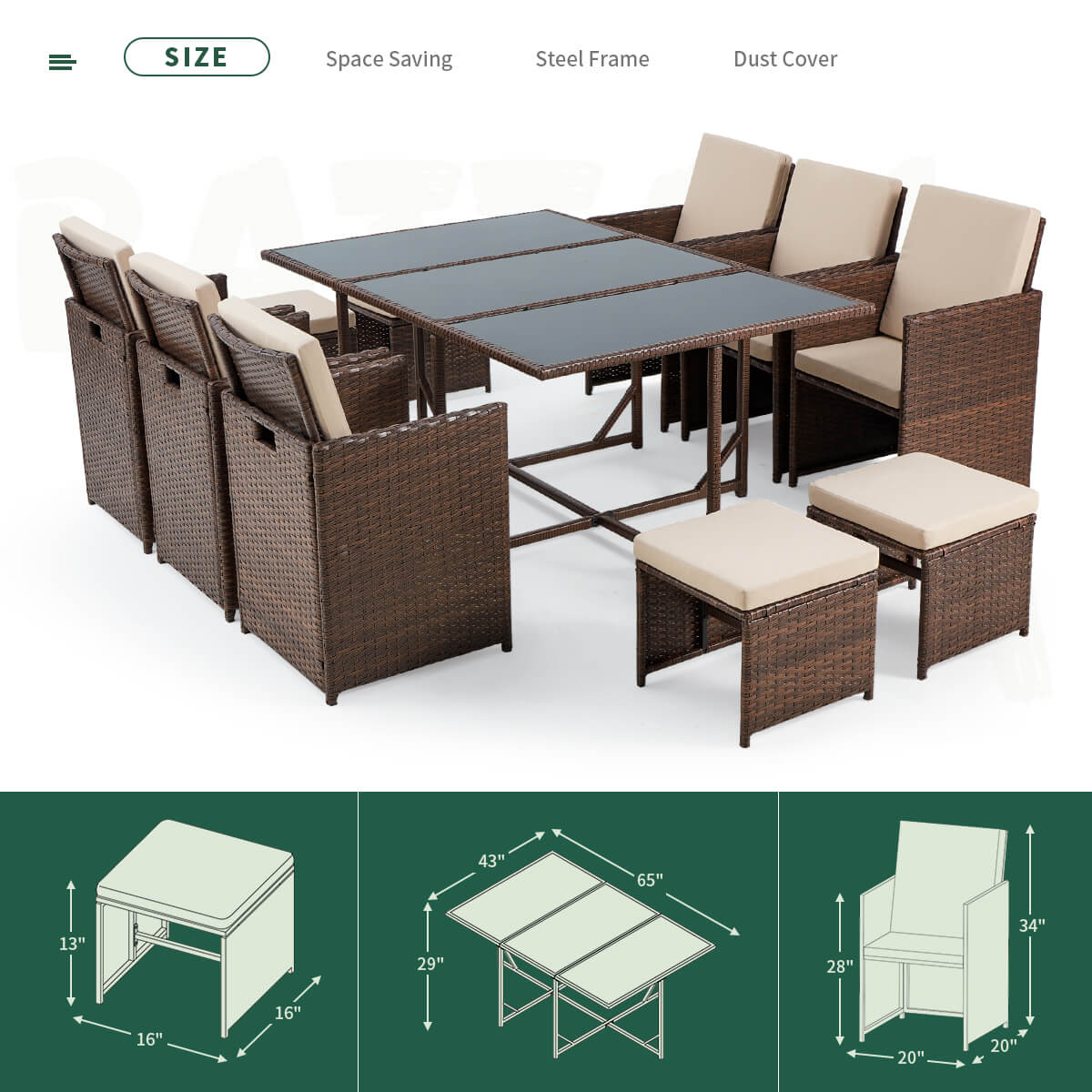Homrest 11 Pcs Patio Dining Set Rattan w/ Ottoman, Cushion & Dust Cover for Porch, Garden and Poolside