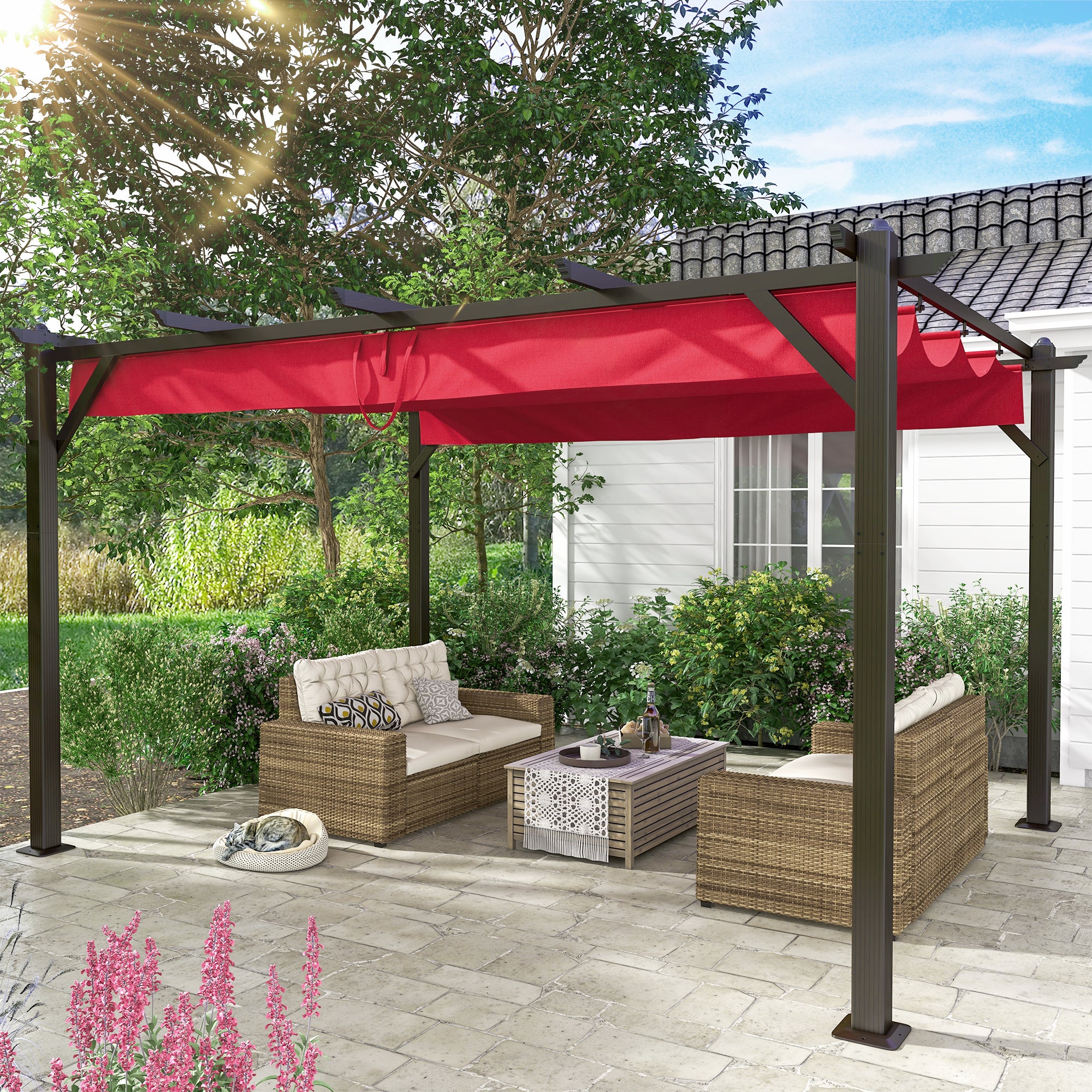 Homrest 13' X 10' Retractable Pergola, Patio Gazebo Grape Trellis with Removable Sun Shade Canopy（Wine Red）