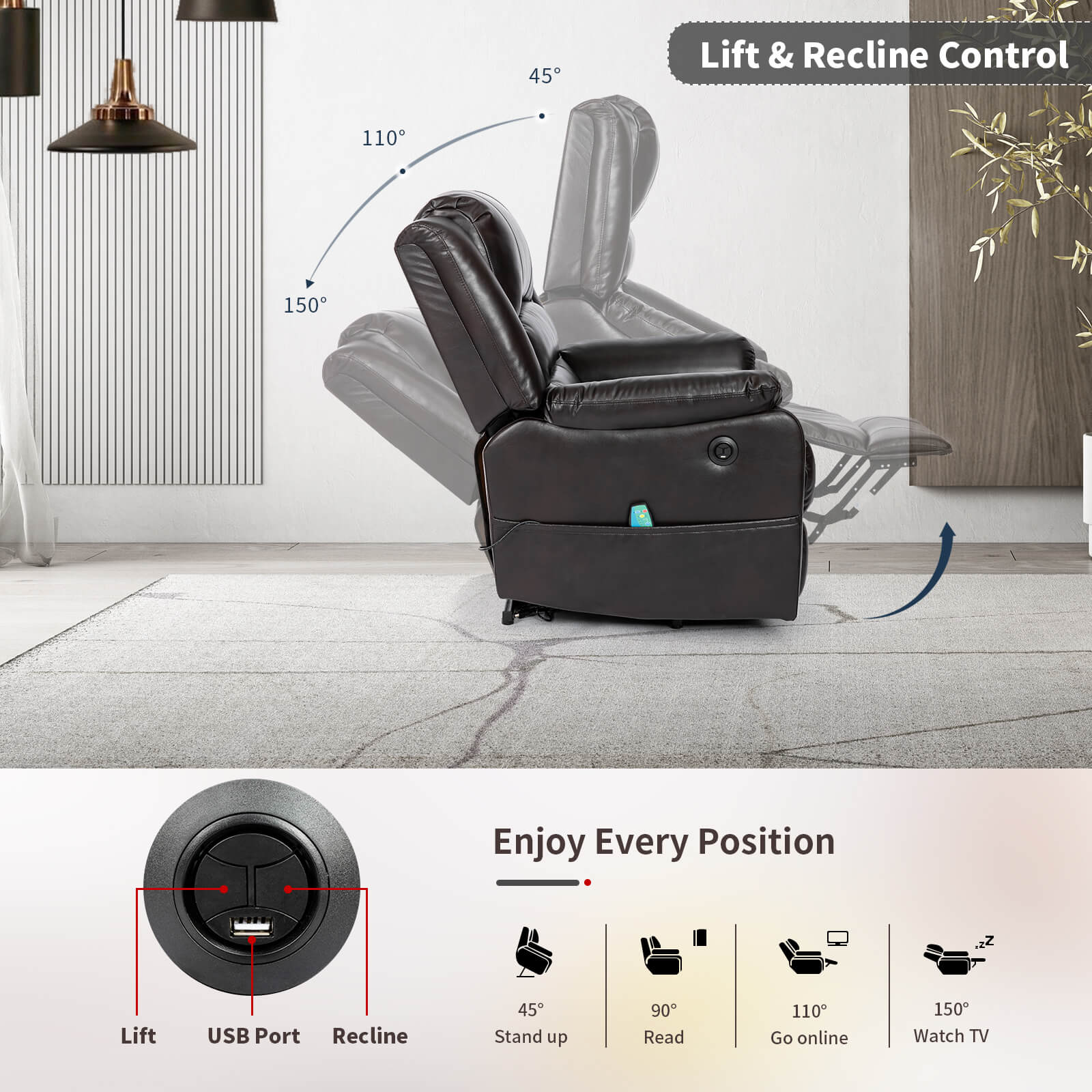 Homrest power lift recliner chair with USB port for living room, gray